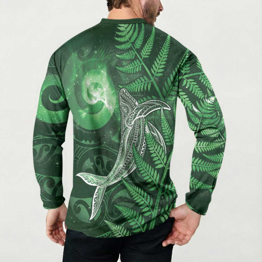 New Zealand Matariki Button Sweatshirt Maori Koru With Humpback Whale Green LT05 - Polynesian Pride