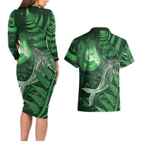 New Zealand Matariki Couples Matching Long Sleeve Bodycon Dress and Hawaiian Shirt Maori Koru With Humpback Whale Green