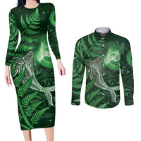 New Zealand Matariki Couples Matching Long Sleeve Bodycon Dress and Long Sleeve Button Shirt Maori Koru With Humpback Whale Green