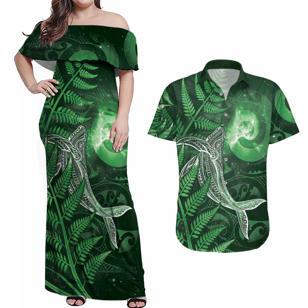 New Zealand Matariki Couples Matching Off Shoulder Maxi Dress and Hawaiian Shirt Maori Koru With Humpback Whale Green
