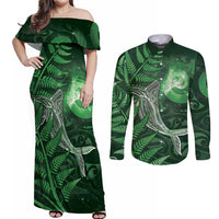 New Zealand Matariki Couples Matching Off Shoulder Maxi Dress and Long Sleeve Button Shirt Maori Koru With Humpback Whale Green