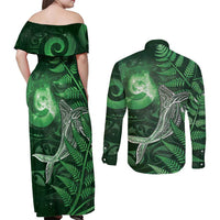 New Zealand Matariki Couples Matching Off Shoulder Maxi Dress and Long Sleeve Button Shirt Maori Koru With Humpback Whale Green