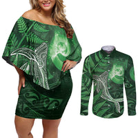 New Zealand Matariki Couples Matching Off Shoulder Short Dress and Long Sleeve Button Shirt Maori Koru With Humpback Whale Green
