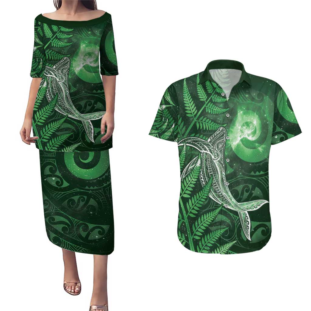 New Zealand Matariki Couples Matching Puletasi and Hawaiian Shirt Maori Koru With Humpback Whale Green