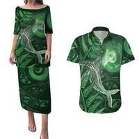 New Zealand Matariki Couples Matching Puletasi and Hawaiian Shirt Maori Koru With Humpback Whale Green