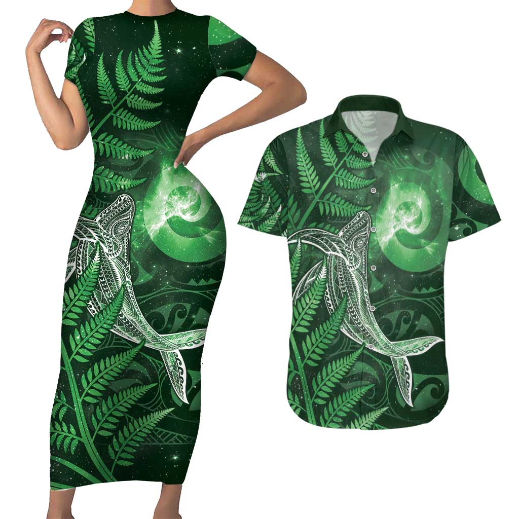 New Zealand Matariki Couples Matching Short Sleeve Bodycon Dress and Hawaiian Shirt Maori Koru With Humpback Whale Green LT05 Green - Polynesian Pride