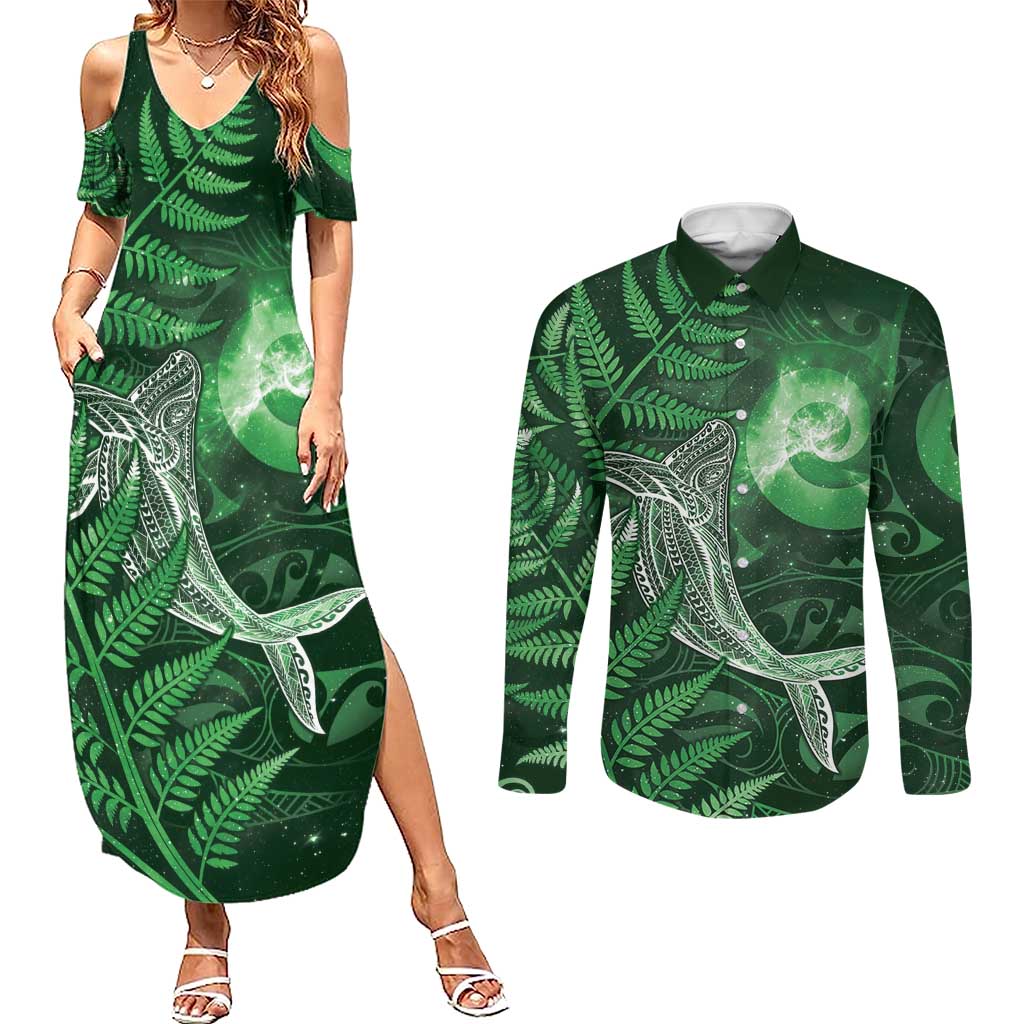 New Zealand Matariki Couples Matching Summer Maxi Dress and Long Sleeve Button Shirt Maori Koru With Humpback Whale Green LT05 Green - Polynesian Pride
