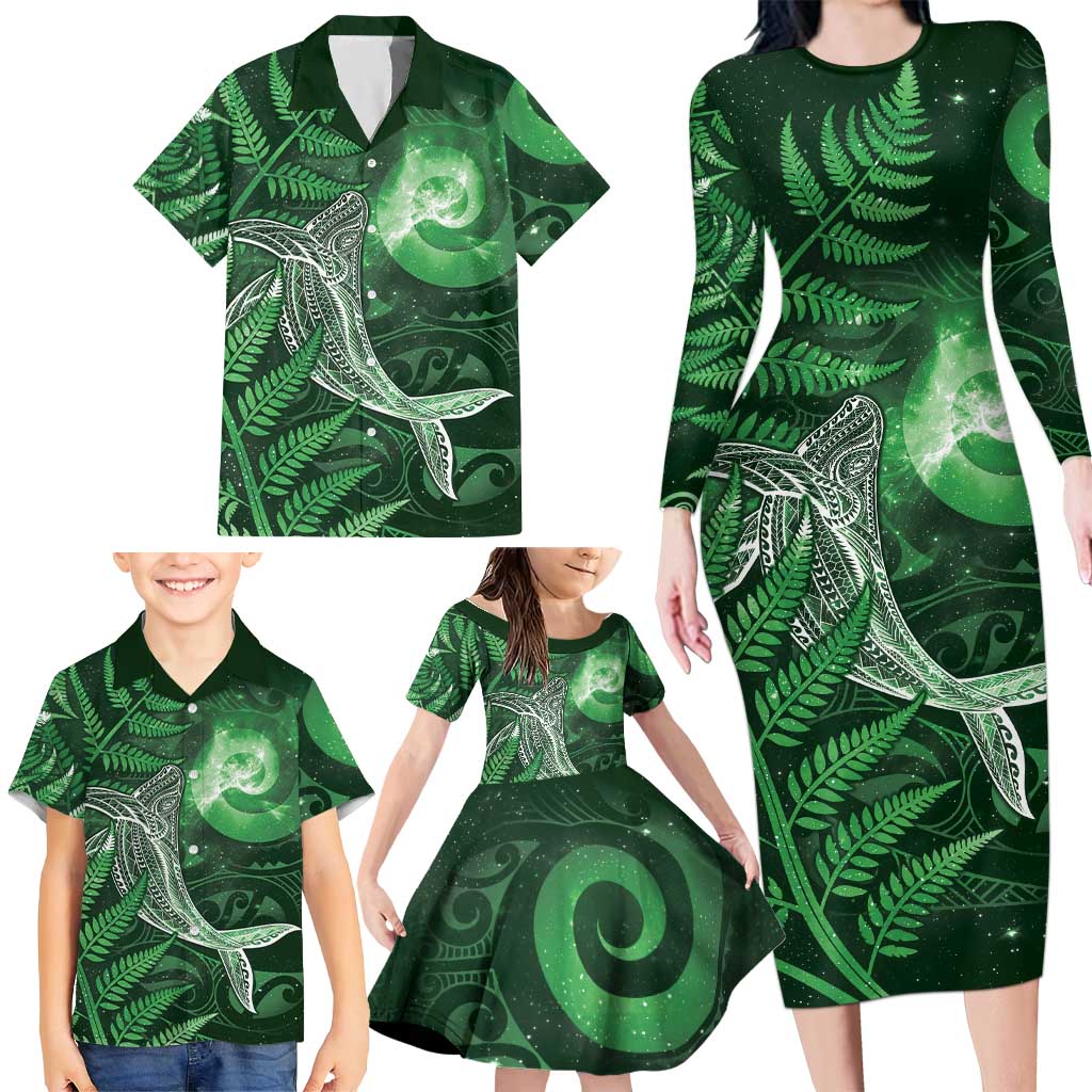 New Zealand Matariki Family Matching Long Sleeve Bodycon Dress and Hawaiian Shirt Maori Koru With Humpback Whale Green LT05 - Polynesian Pride