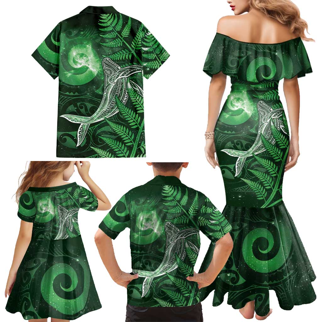 New Zealand Matariki Family Matching Mermaid Dress and Hawaiian Shirt Maori Koru With Humpback Whale Green