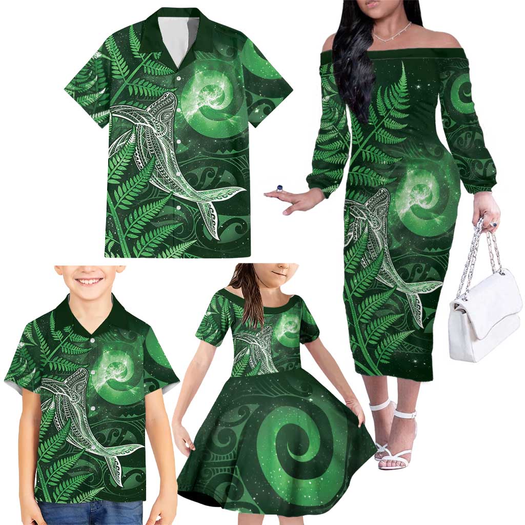 New Zealand Matariki Family Matching Off The Shoulder Long Sleeve Dress and Hawaiian Shirt Maori Koru With Humpback Whale Green LT05 - Polynesian Pride