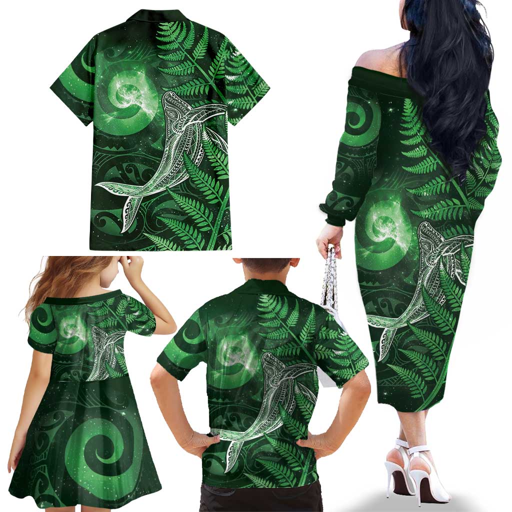 New Zealand Matariki Family Matching Off The Shoulder Long Sleeve Dress and Hawaiian Shirt Maori Koru With Humpback Whale Green