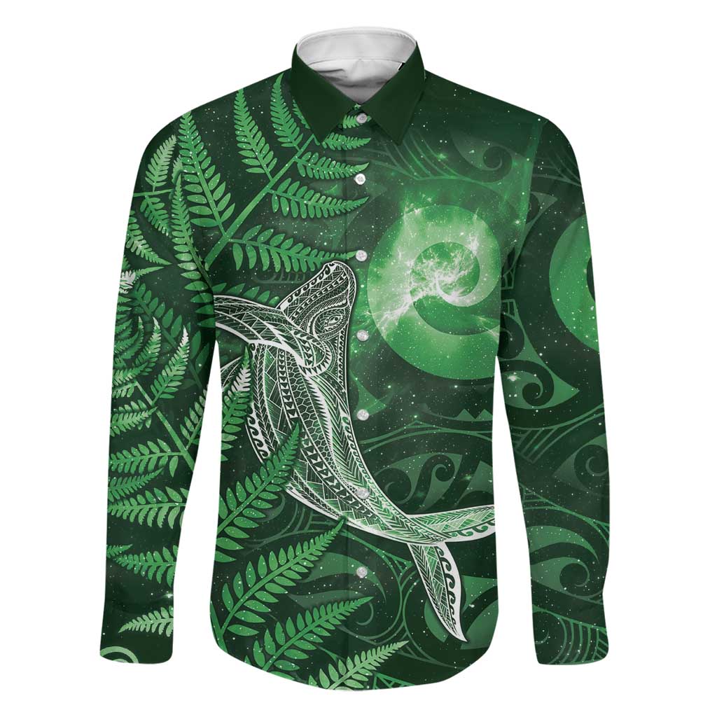 New Zealand Matariki Family Matching Off The Shoulder Long Sleeve Dress and Hawaiian Shirt Maori Koru With Humpback Whale Green