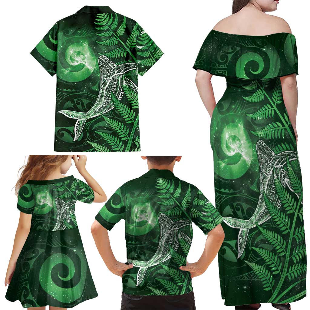 New Zealand Matariki Family Matching Off Shoulder Maxi Dress and Hawaiian Shirt Maori Koru With Humpback Whale Green
