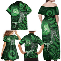 New Zealand Matariki Family Matching Off Shoulder Maxi Dress and Hawaiian Shirt Maori Koru With Humpback Whale Green