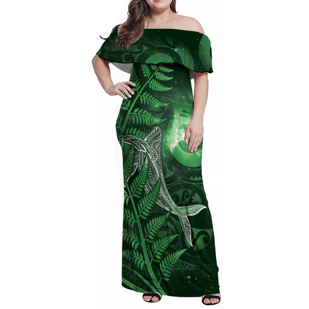 New Zealand Matariki Family Matching Off Shoulder Maxi Dress and Hawaiian Shirt Maori Koru With Humpback Whale Green
