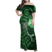 New Zealand Matariki Family Matching Off Shoulder Maxi Dress and Hawaiian Shirt Maori Koru With Humpback Whale Green