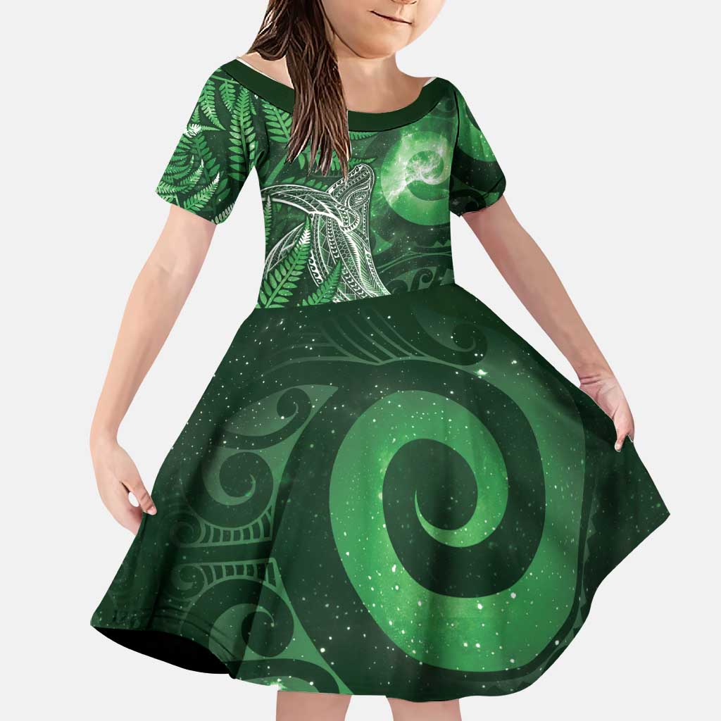 New Zealand Matariki Family Matching Short Sleeve Bodycon Dress and Hawaiian Shirt Maori Koru With Humpback Whale Green