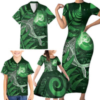 New Zealand Matariki Family Matching Short Sleeve Bodycon Dress and Hawaiian Shirt Maori Koru With Humpback Whale Green