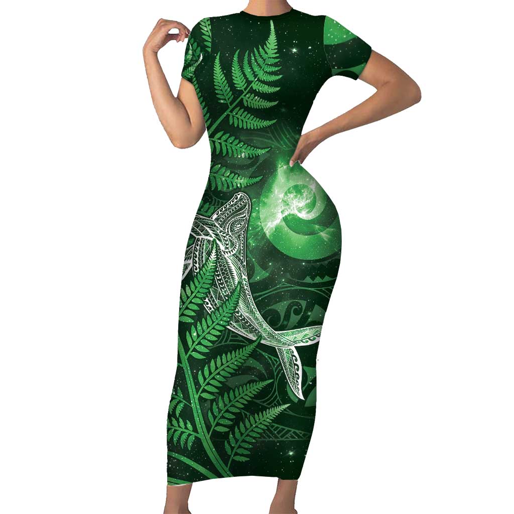New Zealand Matariki Family Matching Short Sleeve Bodycon Dress and Hawaiian Shirt Maori Koru With Humpback Whale Green