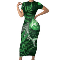 New Zealand Matariki Family Matching Short Sleeve Bodycon Dress and Hawaiian Shirt Maori Koru With Humpback Whale Green