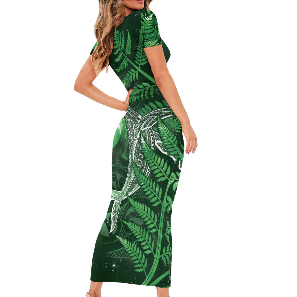 New Zealand Matariki Family Matching Short Sleeve Bodycon Dress and Hawaiian Shirt Maori Koru With Humpback Whale Green