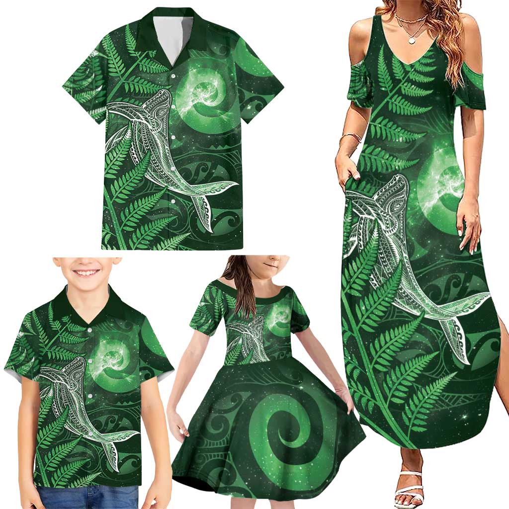 New Zealand Matariki Family Matching Summer Maxi Dress and Hawaiian Shirt Maori Koru With Humpback Whale Green