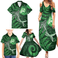New Zealand Matariki Family Matching Summer Maxi Dress and Hawaiian Shirt Maori Koru With Humpback Whale Green