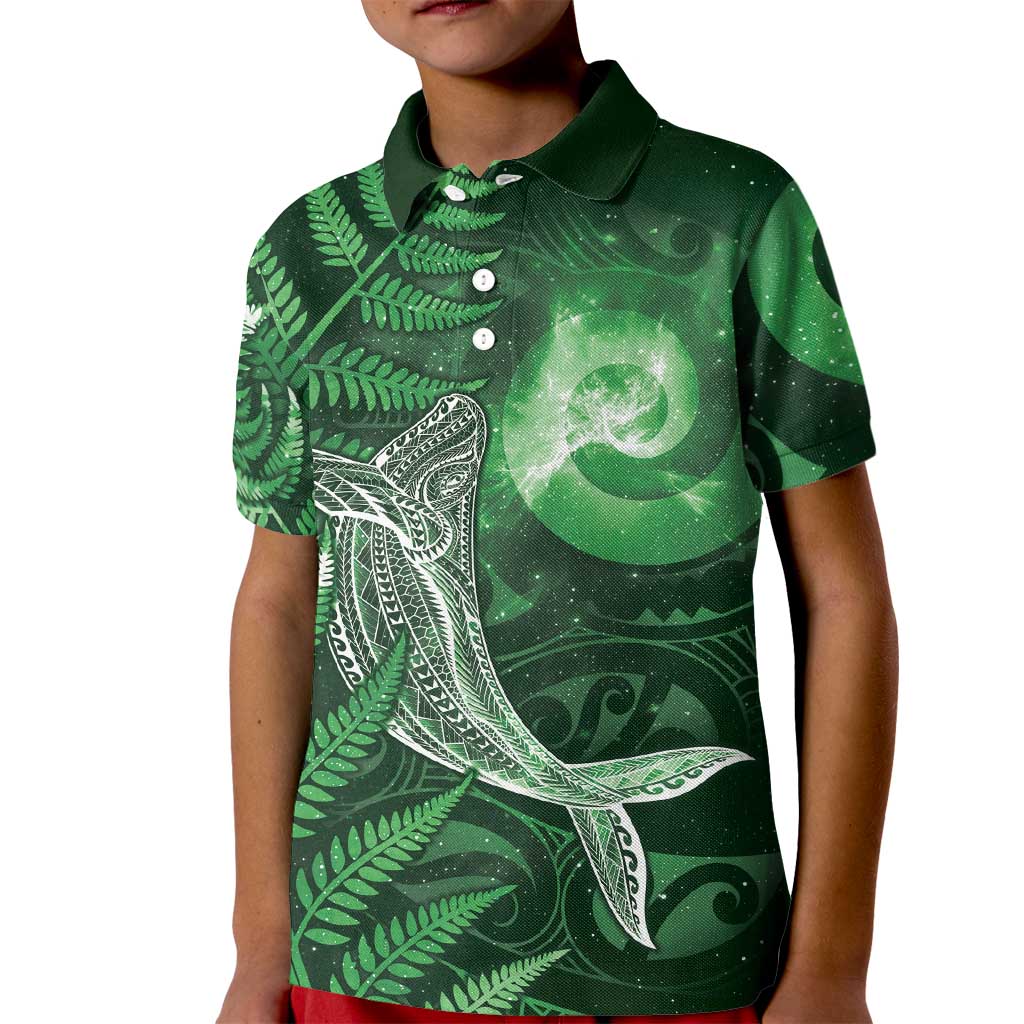 New Zealand Matariki Kid Polo Shirt Maori Koru With Humpback Whale Green LT05 Kid Green - Polynesian Pride