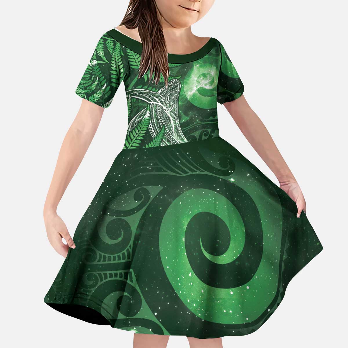 New Zealand Matariki Kid Short Sleeve Dress Maori Koru With Humpback Whale Green LT05 KID Green - Polynesian Pride