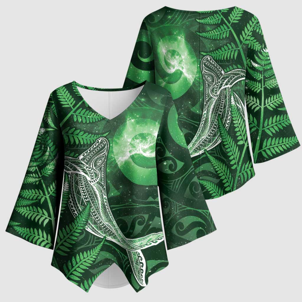 New Zealand Matariki Kimono Sleeve Blouse Maori Koru With Humpback Whale Green LT05 - Polynesian Pride