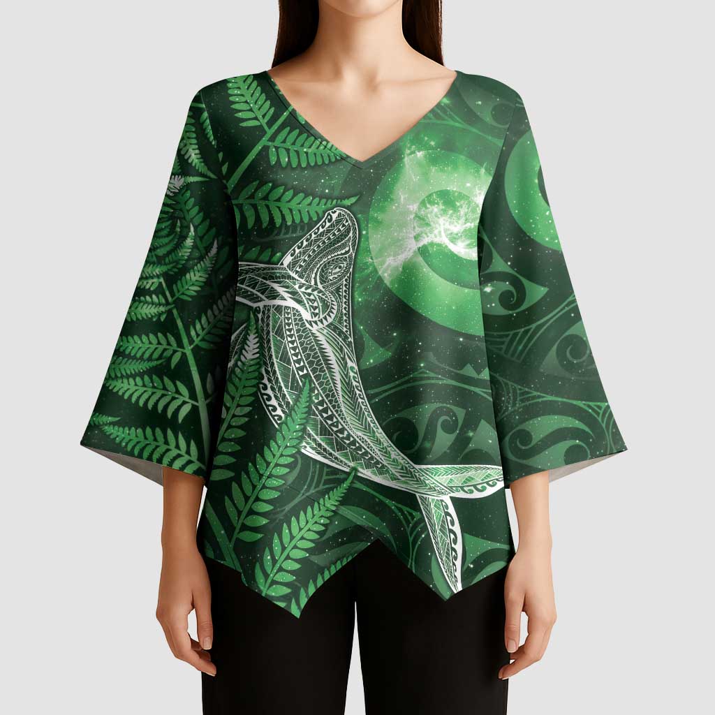 New Zealand Matariki Kimono Sleeve Blouse Maori Koru With Humpback Whale Green LT05 - Polynesian Pride