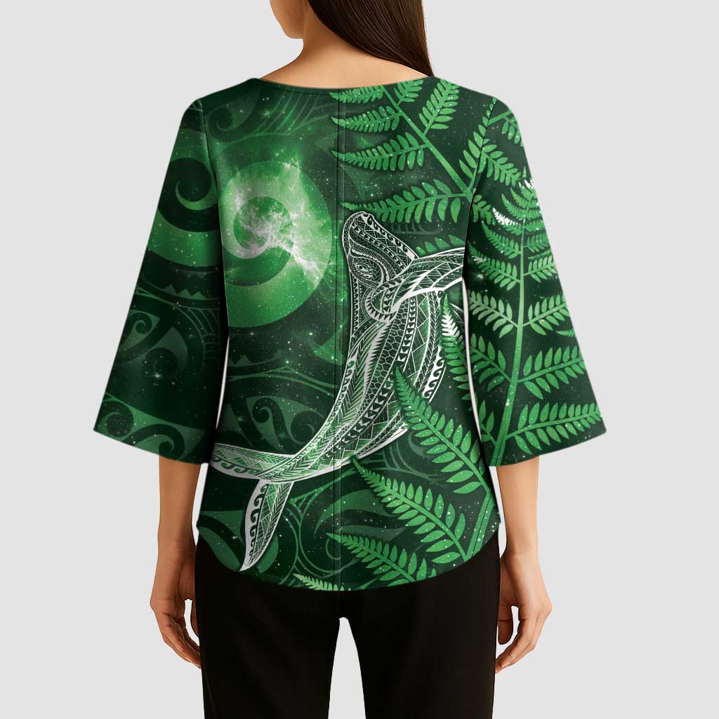 New Zealand Matariki Kimono Sleeve Blouse Maori Koru With Humpback Whale Green LT05 - Polynesian Pride