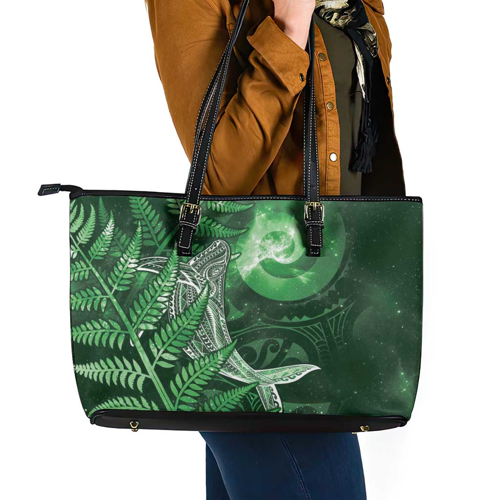 New Zealand Matariki Leather Tote Bag Maori Koru With Humpback Whale Green LT05 - Polynesian Pride