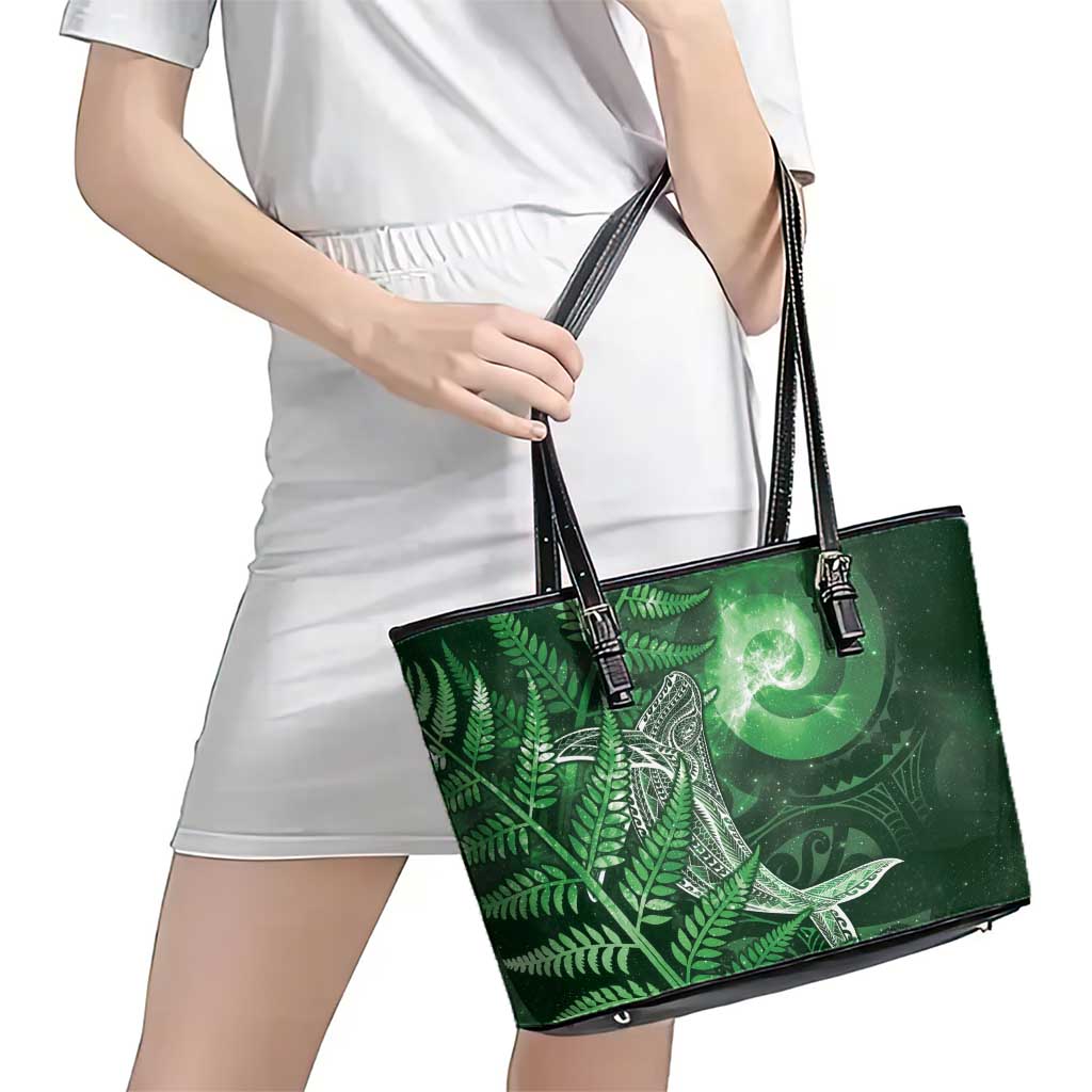 New Zealand Matariki Leather Tote Bag Maori Koru With Humpback Whale Green LT05 - Polynesian Pride