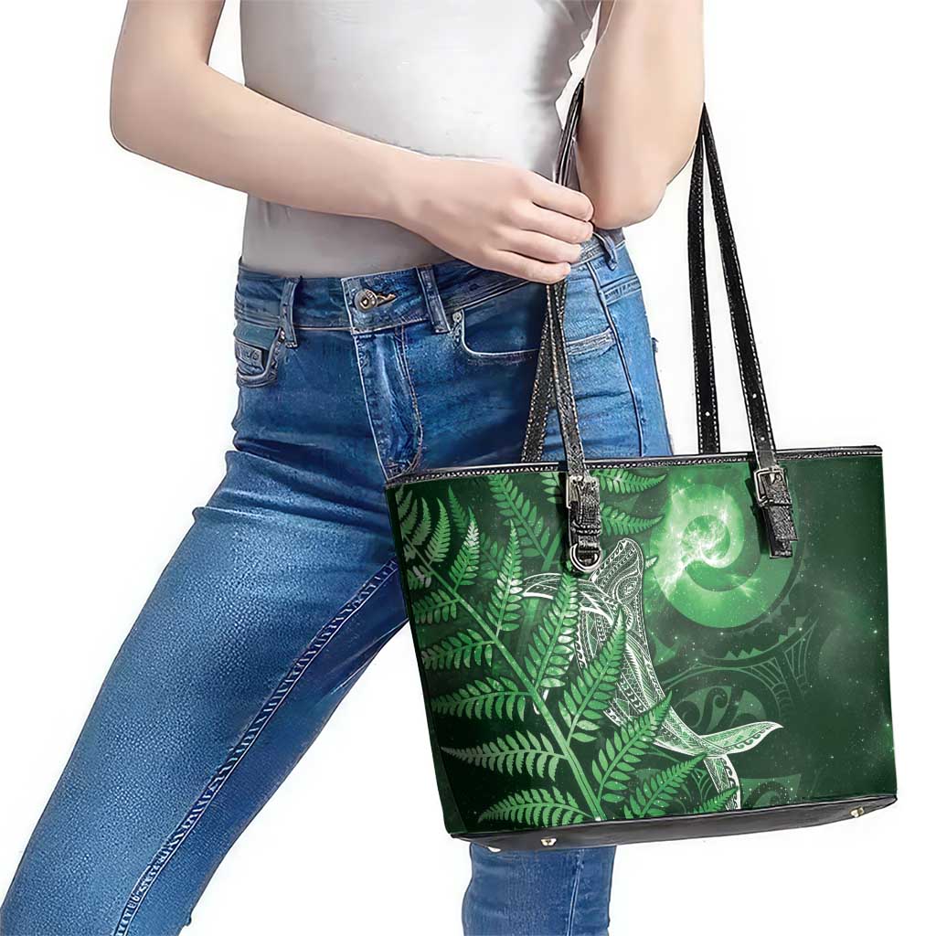 New Zealand Matariki Leather Tote Bag Maori Koru With Humpback Whale Green LT05 - Polynesian Pride