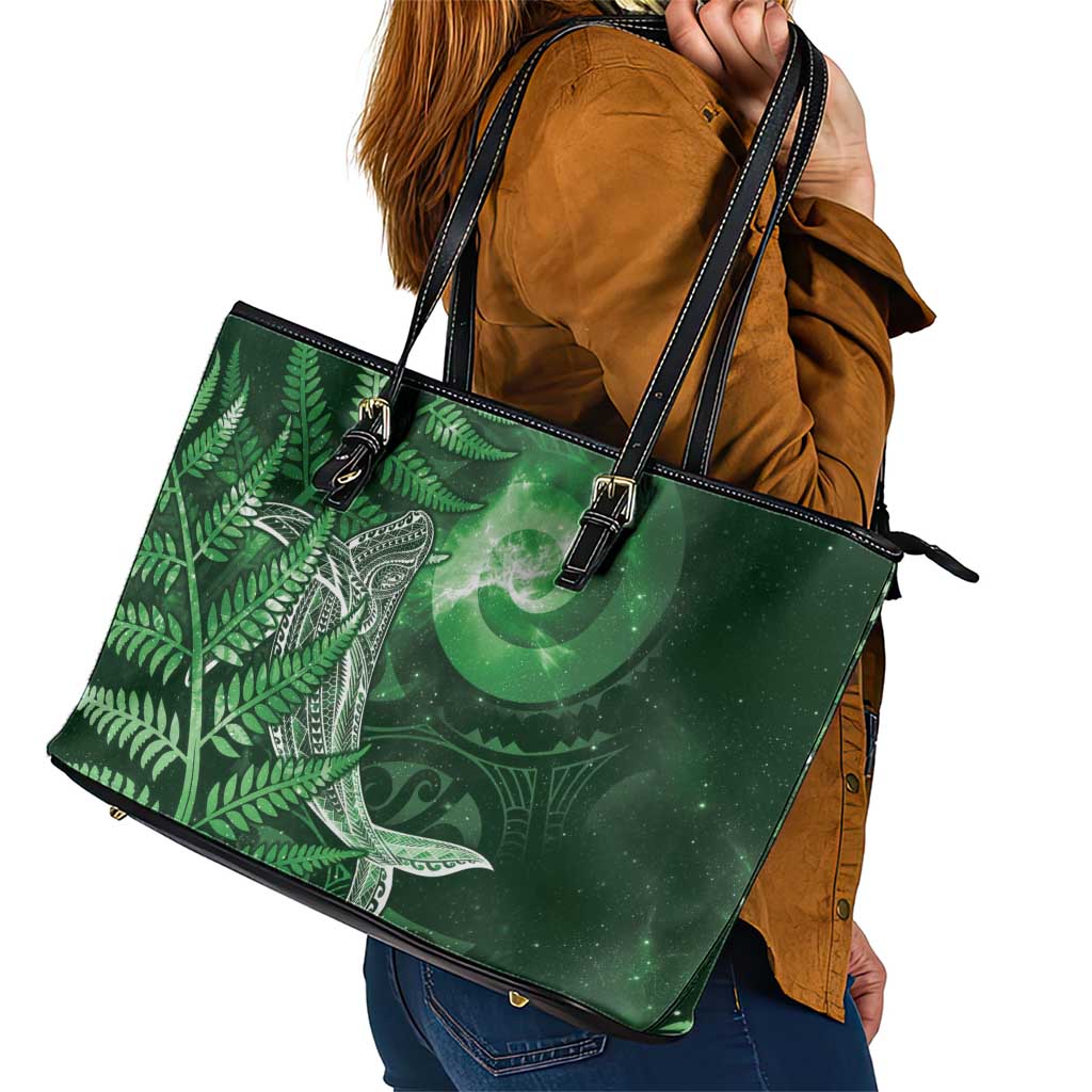 New Zealand Matariki Leather Tote Bag Maori Koru With Humpback Whale Green LT05 - Polynesian Pride