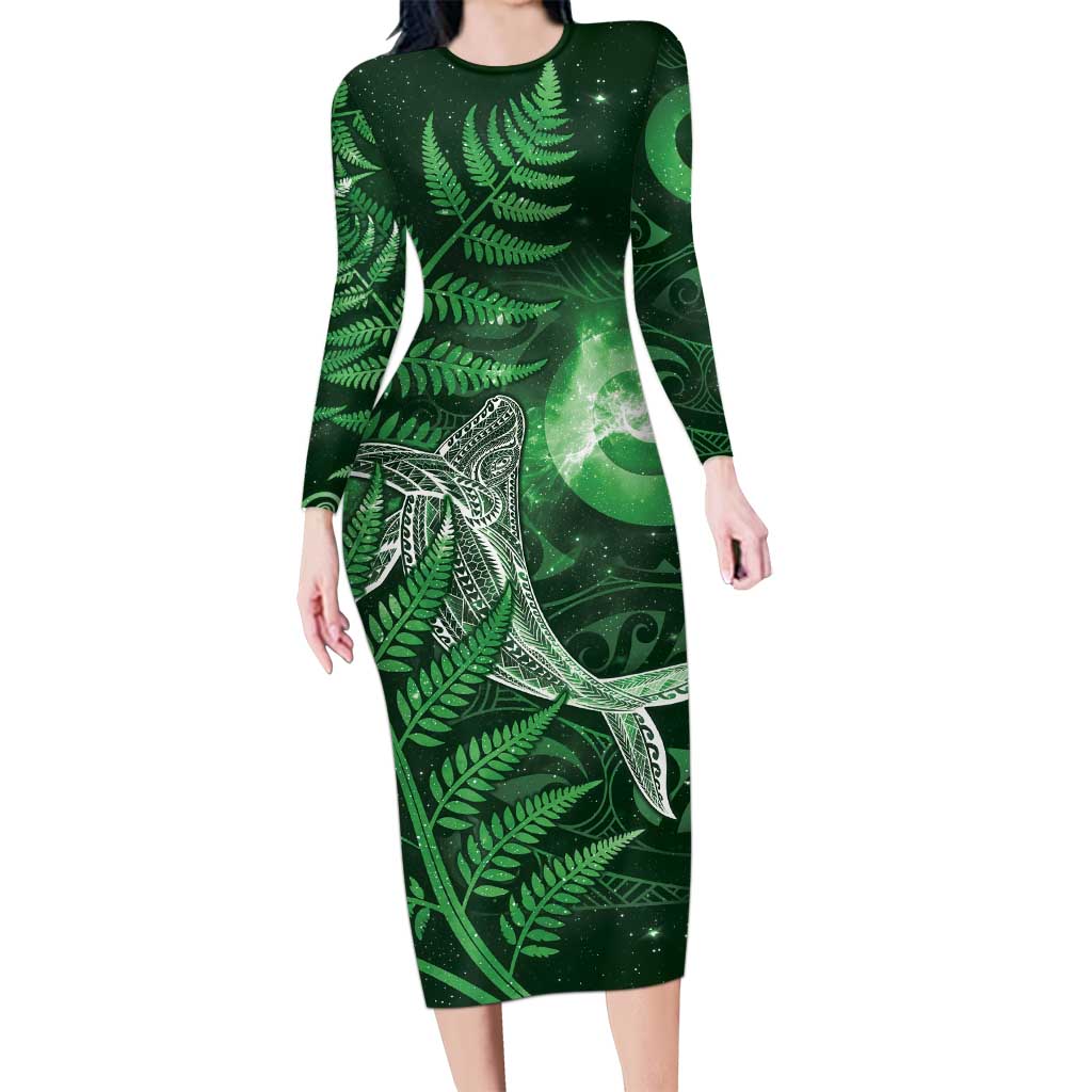 New Zealand Matariki Long Sleeve Bodycon Dress Maori Koru With Humpback Whale Green LT05 Long Dress Green - Polynesian Pride