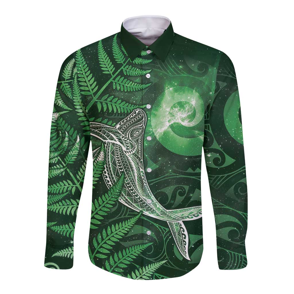 New Zealand Matariki Long Sleeve Button Shirt Maori Koru With Humpback Whale Green LT05 Unisex Green - Polynesian Pride