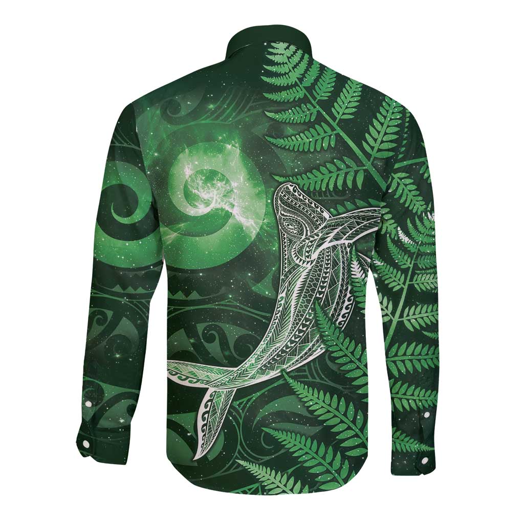 New Zealand Matariki Long Sleeve Button Shirt Maori Koru With Humpback Whale Green LT05 - Polynesian Pride