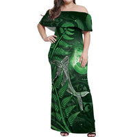 New Zealand Matariki Off Shoulder Maxi Dress Maori Koru With Humpback Whale Green LT05 Women Green - Polynesian Pride