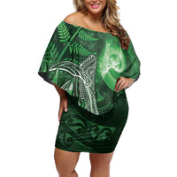New Zealand Matariki Off Shoulder Short Dress Maori Koru With Humpback Whale Green LT05 Women Green - Polynesian Pride