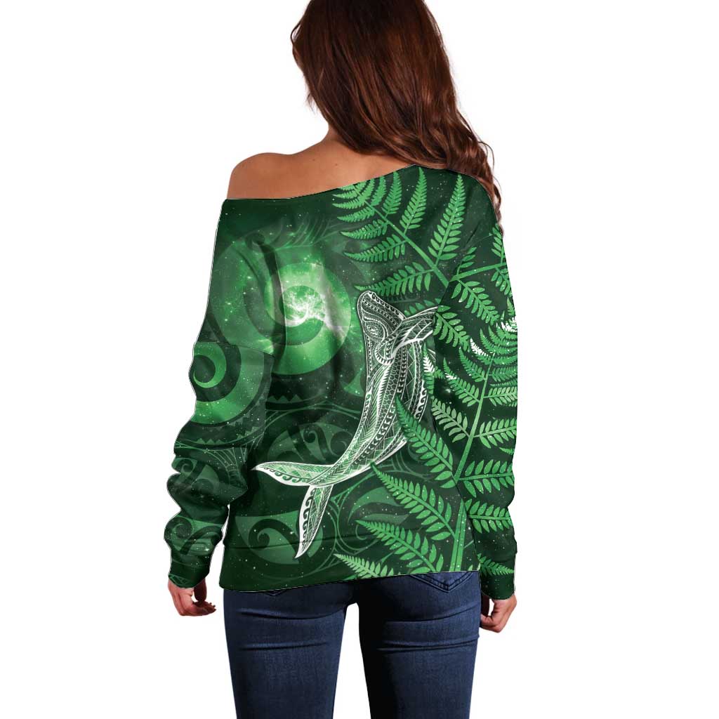 New Zealand Matariki Off Shoulder Sweater Maori Koru With Humpback Whale Green LT05 - Polynesian Pride