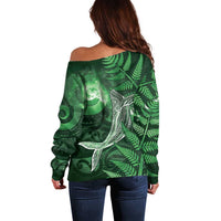 New Zealand Matariki Off Shoulder Sweater Maori Koru With Humpback Whale Green LT05 - Polynesian Pride