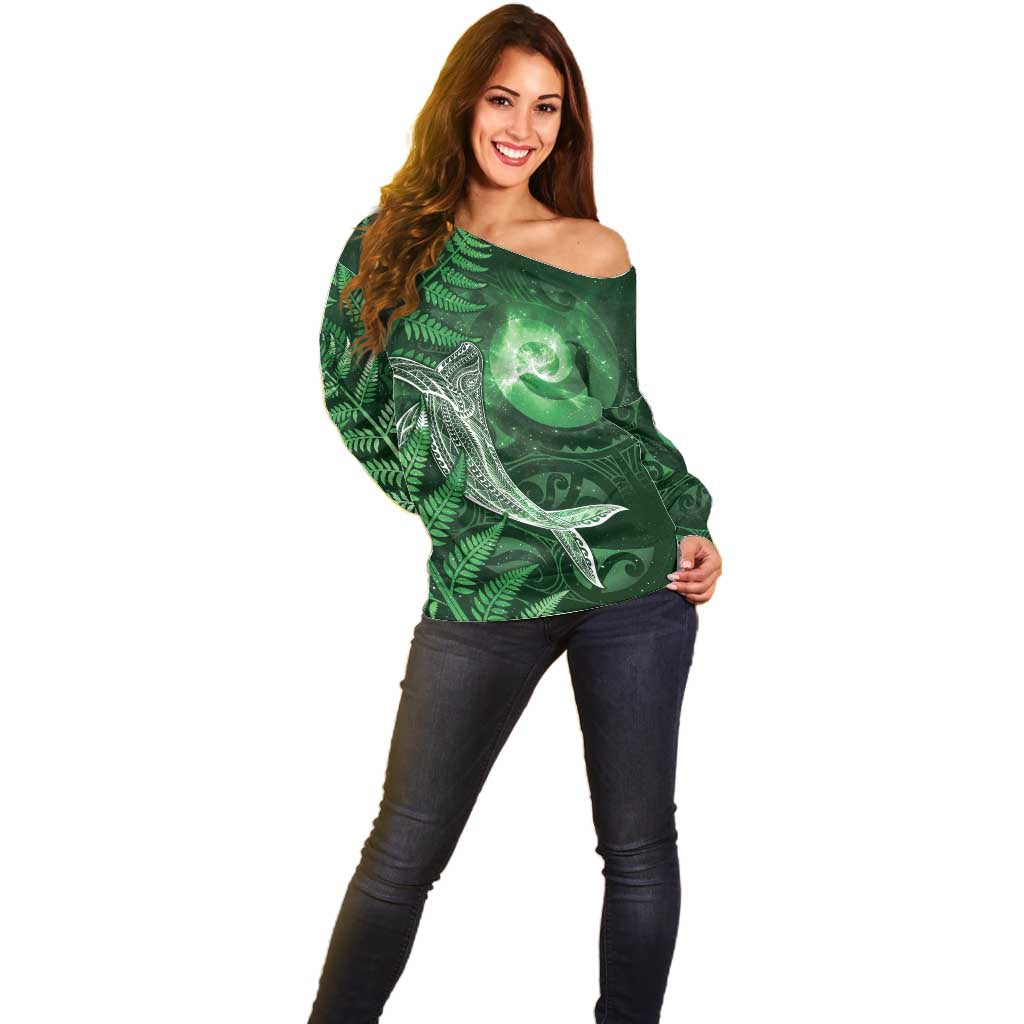New Zealand Matariki Off Shoulder Sweater Maori Koru With Humpback Whale Green LT05 - Polynesian Pride
