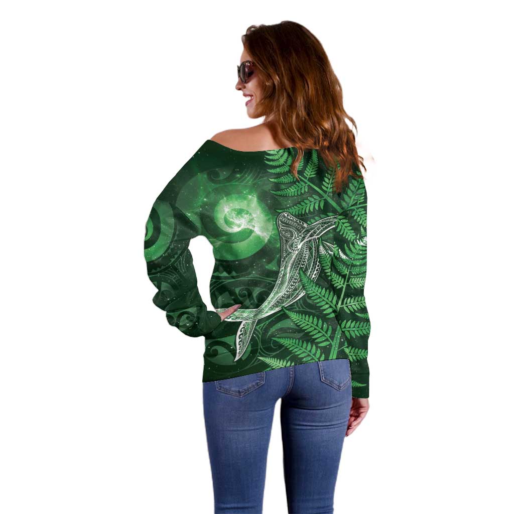 New Zealand Matariki Off Shoulder Sweater Maori Koru With Humpback Whale Green LT05 - Polynesian Pride
