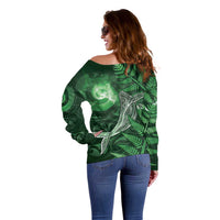 New Zealand Matariki Off Shoulder Sweater Maori Koru With Humpback Whale Green LT05 - Polynesian Pride