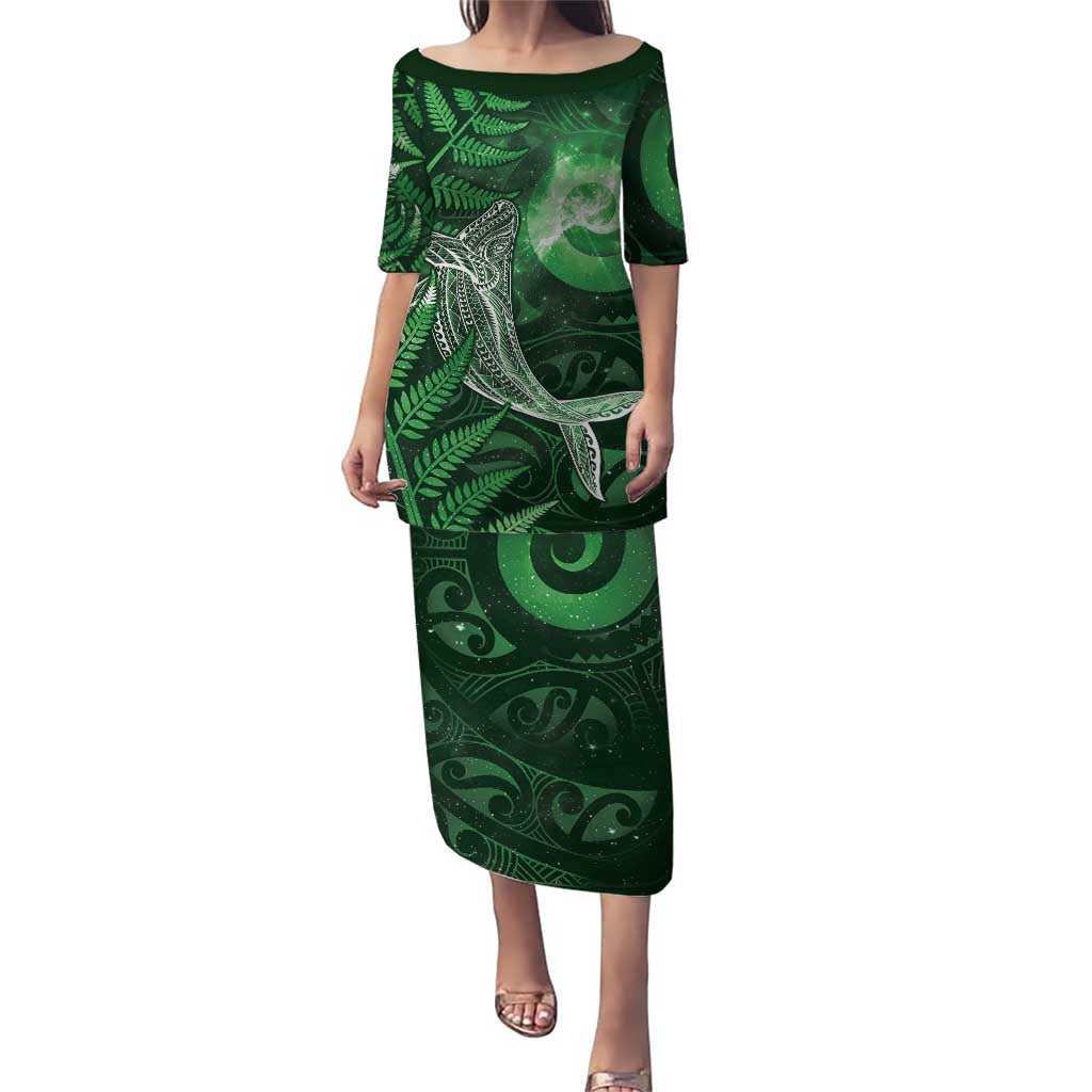 New Zealand Matariki Puletasi Maori Koru With Humpback Whale Green LT05 Long Dress Green - Polynesian Pride