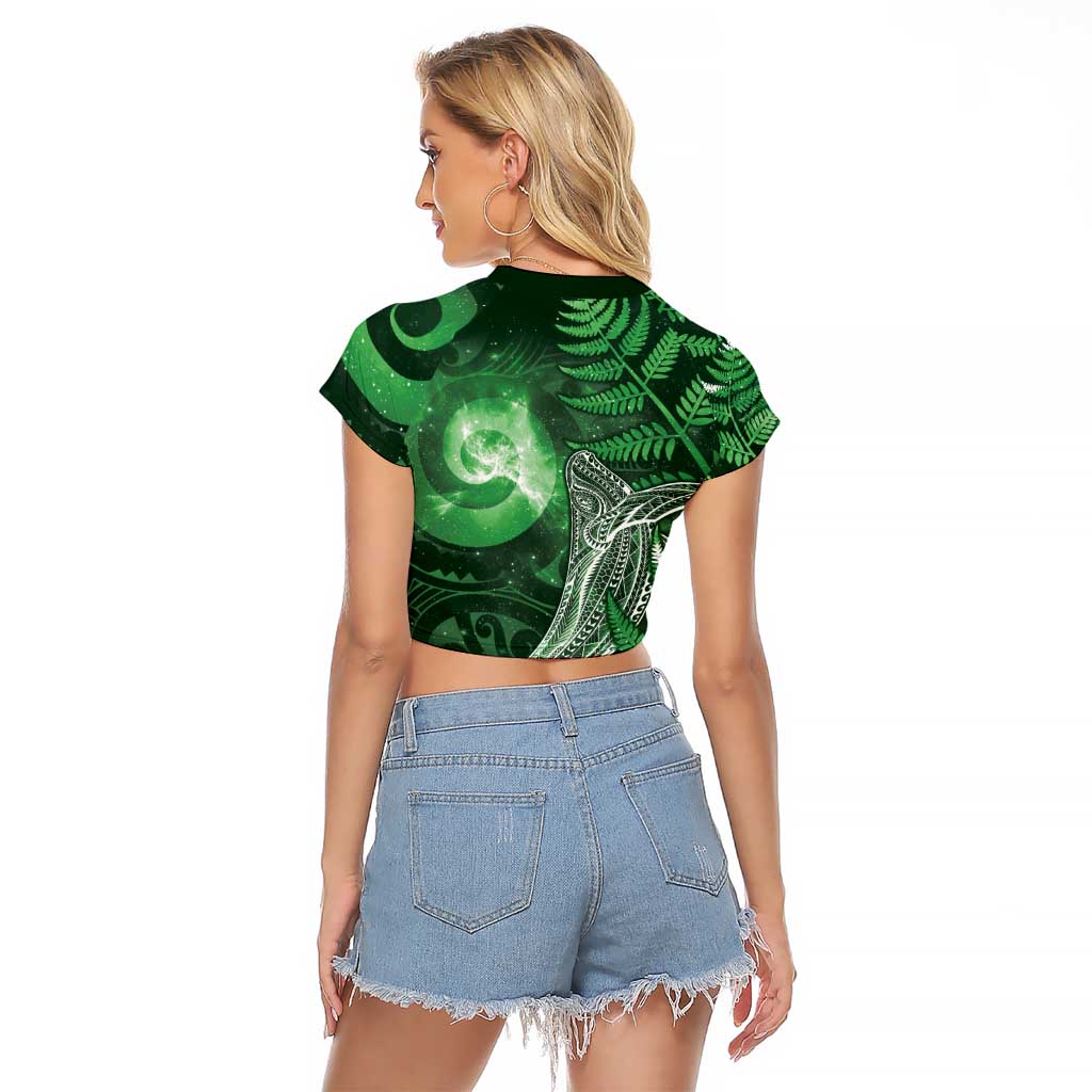 New Zealand Matariki Raglan Cropped T Shirt Maori Koru With Humpback Whale Green LT05 - Polynesian Pride