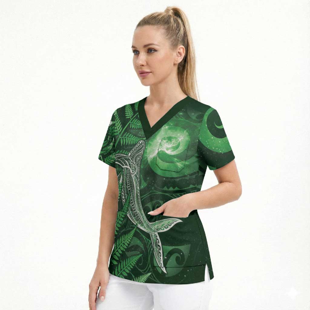 New Zealand Matariki Scrub Top Maori Koru With Humpback Whale Green LT05 - Polynesian Pride