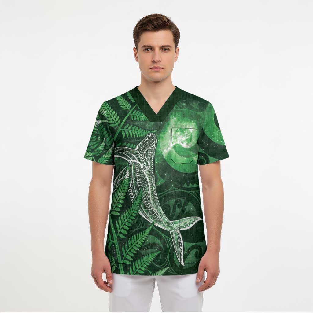 New Zealand Matariki Scrub Top Maori Koru With Humpback Whale Green LT05 - Polynesian Pride